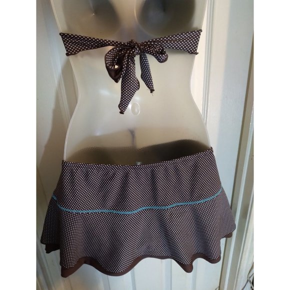 VM Swimsuit 3 Pc Halter Top Bikini Bottom & Skirted Bottom Sz M Brown - Picture 9 of 11
